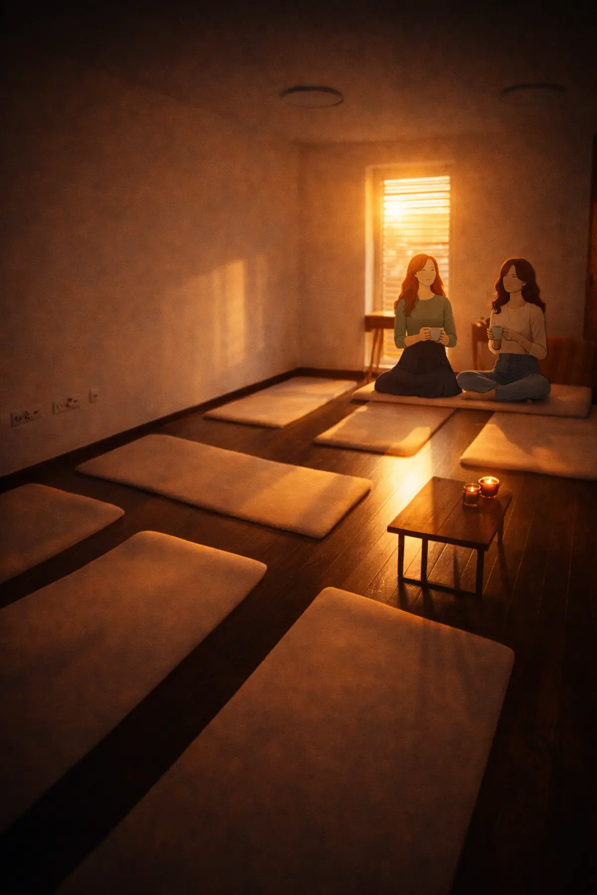 A room at Espace Le8 bathed in golden end-of-day light, with two people sitting on mats, cup in hand